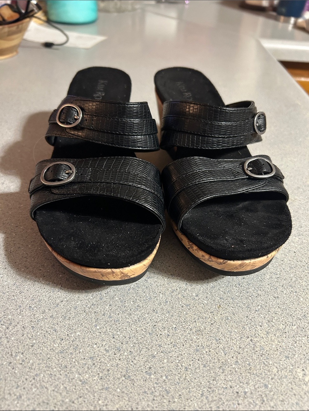 Kim Rogers sz 7.5 Black Slide Wedge with Two Straps
